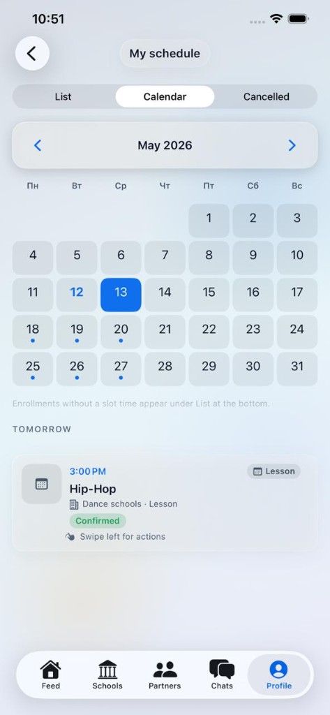 Schedule and athlete profile